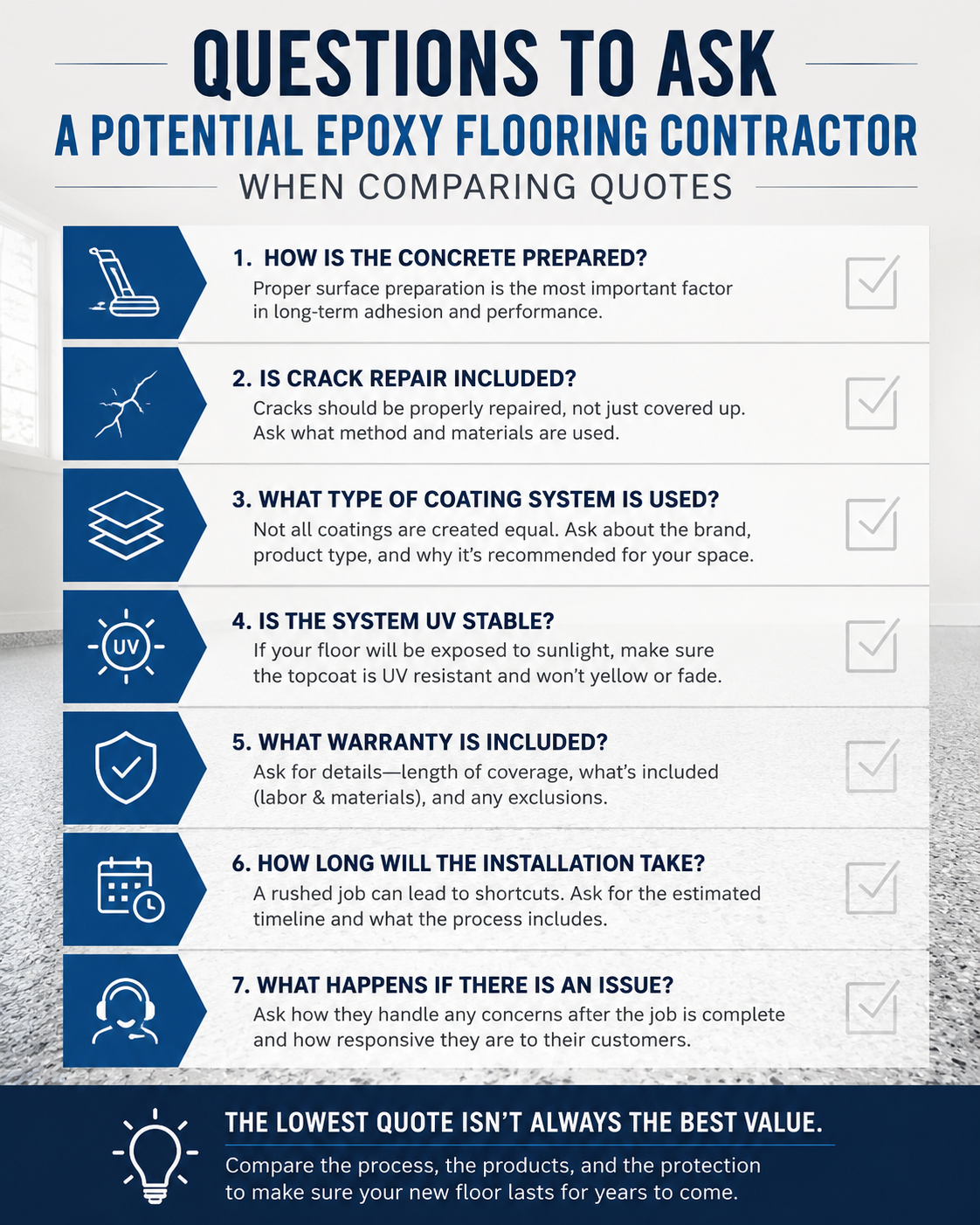 Graphic image outlining what questions you should ask before hiring an epoxy flooring professional